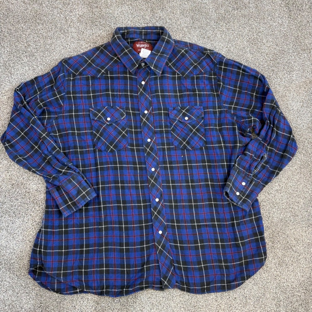Wrangler Western Shirts Mens 2X Big Blue Black Plaid Flannel Pearl Snap WM511BT